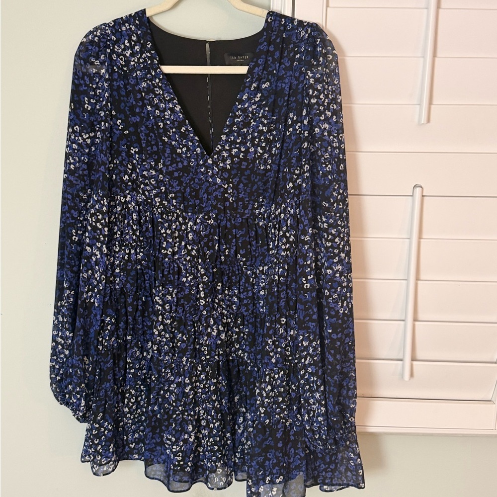 Ted Baker Black Blue Floral Mini Dress Small Long Sleeve V-Neck - Picture 2 of 8